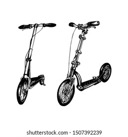 Vector illustration of push scooters. Hand drawn sketch of foot-driven transport.