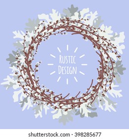 Vector illustration with pussy willow wreath and dusty miller in flat style for wedding  design