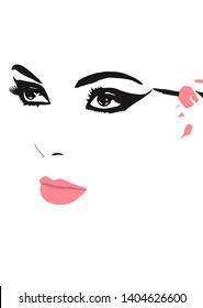 vector illustration. put on eyeliner. putting on make up. make-up artist putting on eye makeup. abstract woman face, logo for make up artist. Putting on make up. Put on make -up.