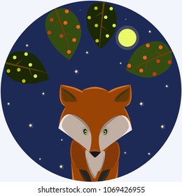 Vector illustration, puttern children's theme, at night the forest lives, the Fox looking somewhere down, the moon illuminates everything around.The stamp on the clothes, book image.
