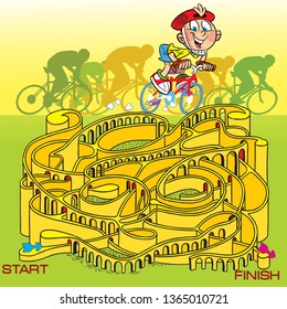 In vector illustration, a puzzle with a boy on a bicycle, he needs driven through a maze