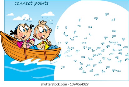 In vector illustration puzzle with cartoon children who are floating in a boat. The task is to connect the dots in order to find out who they have seen at sea.