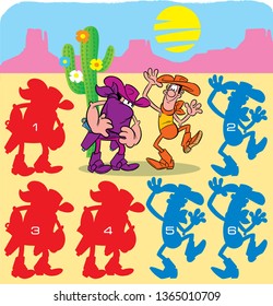 In vector illustration puzzle with cartoon cowboys, where you need to find the right silhouette