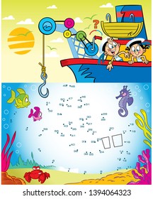 In the vector illustration puzzle with cartoon kids play sailors on the ship. Connect the dots to find out which object the children are lifting onto the ship.