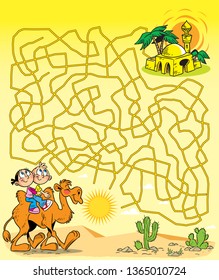 In vector illustration, a puzzle with children on a camel, who must find a way to an oasis through a maze