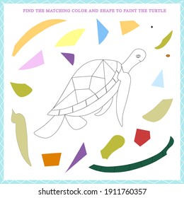 Vector illustration - puzzle "Find the matching color and shape to paint the turtle" for a kid's educational book.