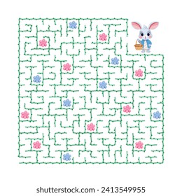 Vektorgrafik. Puzzle-Spiel. Helfen Sie dem Hasen, Blumen zu pflücken und aus dem Labyrinth zu steigen. Spiel für Kinder.