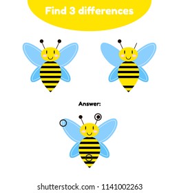 Vector illustration. Puzzle game for preschool children. Find 3 differences. With the answer. cartoon honey bee, black and yellow.