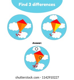 Vector illustration. Puzzle game for preschool children. Find 3 differences. With the answer. kite in the blue sky and clouds