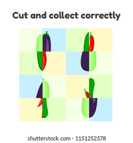 vector illustration. puzzle game for preschool and school age children. cut and collect correctly. vegetables, cucumber, zucchini, chili pepper, eggplant
