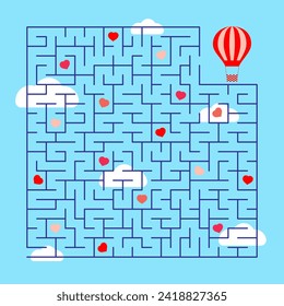 Vector illustration. Puzzle game for Valentine's Day. Labyrinth search for hearts. Fly in a hot air balloon, collect all the hearts and find a way out of the maze.