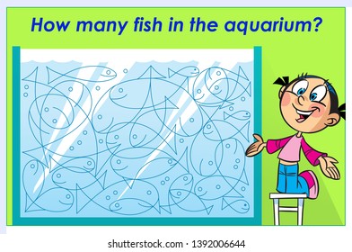 In the vector illustration puzzle how many fish in the aquarium. Ready design template for your project.