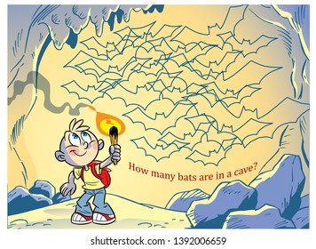 Vector illustration puzzle how many bats in the cave. Ready design template for your project.