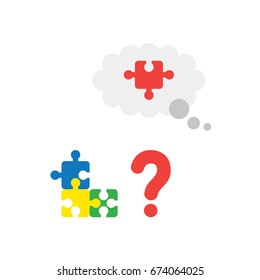 Vector illustration puzzle icon concept with red question mark and blue, yellow, green and missing piece of red puzzle in grey thought bubble on white background with flat design style.