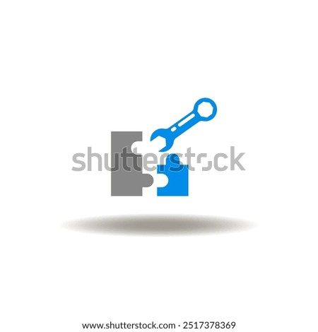 Vector illustration of puzzle jigsaw with wrench. Symbol of after sales service. Icon of technical support.