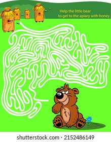 Vector illustration with puzzle, labyrinth. Help the little bear to get to the apiary with honey