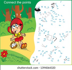 In vector illustration puzzle with a little girl who goes through the forest. Connect the dots and find out who she met in the forest.