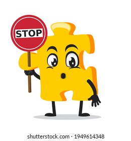 vector illustration of puzzle mascot or character holding sign says stop