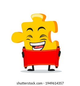 vector illustration of puzzle mascot or character holding blank red scroll