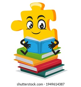 vector illustration of puzzle mascot or character reading book