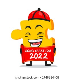 vector illustration of puzzle mascot or character holding red scroll and says happy chinese new year 2021