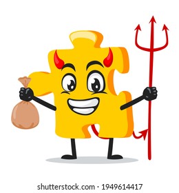 vector illustration of puzzle mascot or character Wearing devil costume and holding trident