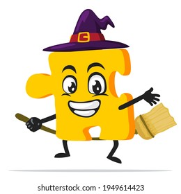 vector illustration of puzzle mascot or character wearing witch costume and ride flying broom