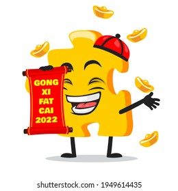 vector illustration of puzzle mascot or character holding red scroll and says happy chinese new year 2021