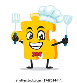 ilustración vectorial de la mascota del rompecabezas o del personaje con sombrero de chef y espátula de la mano