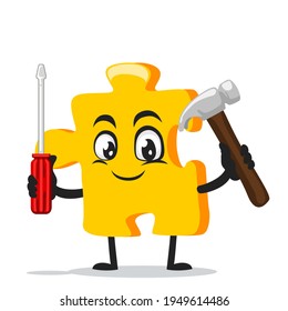 vector illustration of puzzle mascot or character holding hammer and screwdriver