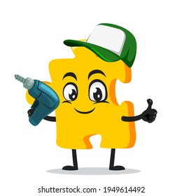 vector illustration of puzzle mascot or character holding hand drill