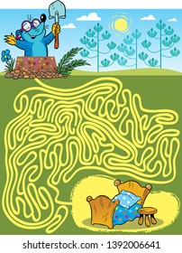 In the vector illustration puzzle maze, help the mole get home