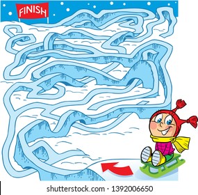 In vector illustration puzzle, maze, how to help a child on a sled to get there finish line