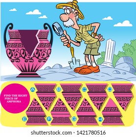 Ilustración vectorial con un puzzle, en el que es necesario ayudar al arqueólogo a encontrar el detalle correcto de un jarrón antiguo.