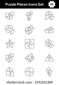 Vector Illustration Of Puzzle Piece Icon Set In Thin Line Art.