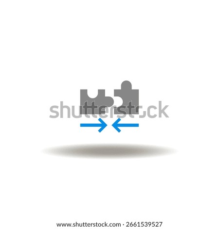 Vector illustration of puzzle pieces arrows towards each other. Symbol of merger and acquisition. Icon of cooperation.