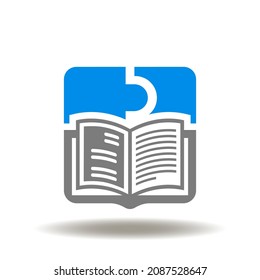 Ilustración vectorial de piezas de rompecabezas con libro. Icono de la solución educativa. Símbolo de estudio y conocimiento. Signo de brecha de habilidades.