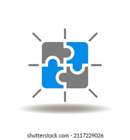 Vector illustration of puzzle pieces combined success. Icon of mediation. Symbol of facilitation. Brainstorming sign. Solution, connection, combination pictogram.