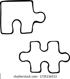 Vector Illustration von Puzzleteilen im Doodle-Stil. Das Konzept der gemeinsamen Familienspiele, Spiele mit Freunden. Eine Abstraktion zweier miteinander verbundener Teile