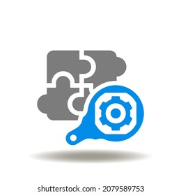 Ilustración vectorial de piezas de rompecabezas con amplificador y engranaje. Icono de Investigación y Desarrollo. Símbolo de búsqueda de ideas, desarrollo e implementación.