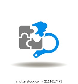 Vector illustration of puzzle pieces with magnifier. Icon of search solutions. Symbol of mediation, facilitation. Brainstorming sign.