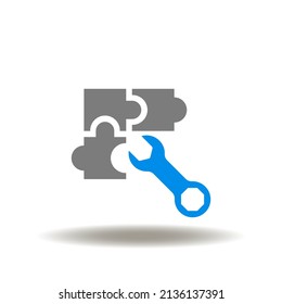 Vector Illustration Of Puzzle Pieces With Wrench. Icon Of Inefficiency Solution. Symbol Of Repair, Engineering. Creative Work Sign. Research And Development.