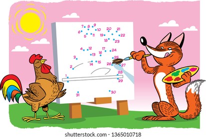 In the vector illustration puzzle sly fox draws a portrait of a rooster, in the form of food. To solve the need to connect the dots in the correct order.