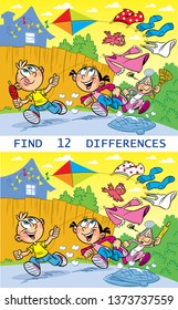 In the vector illustration puzzle, the task to find 12 differences in the pictures, where the children are naughty, running with a kite and running away from her grandmother