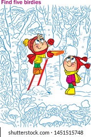 Vector illustration with a puzzle in that it is necessary to find five birdies on a picture.