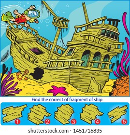 Vector illustration with a puzzle, in that it is necessary to find the correct fragment of piece of the sunken ship.