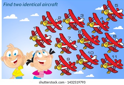 In the vector illustration puzzle, where children must find two identical aircraft