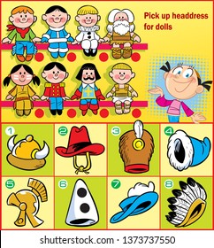 In the vector illustration puzzle, where the girl needs to pick up a headdress for various dolls