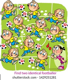 Vector illustration with a puzzle where you need to find two identical football players