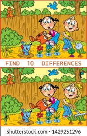 Vector illustration with a puzzle where you need to find ten differences in the pictures with working children in the garden.